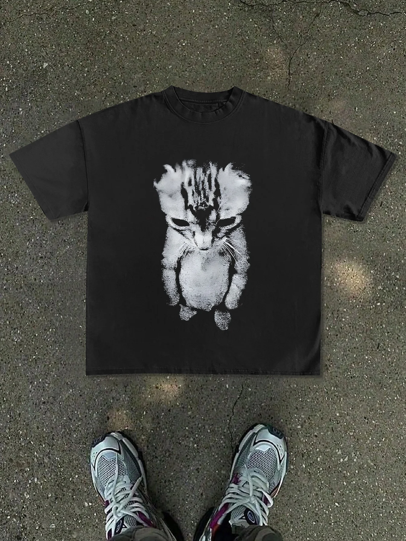 2026 Summer Men's Black and White Halftone Cat Print Tshirt Cotton Casual Stylish Streetwear Oversized Suitable for Any Occasion