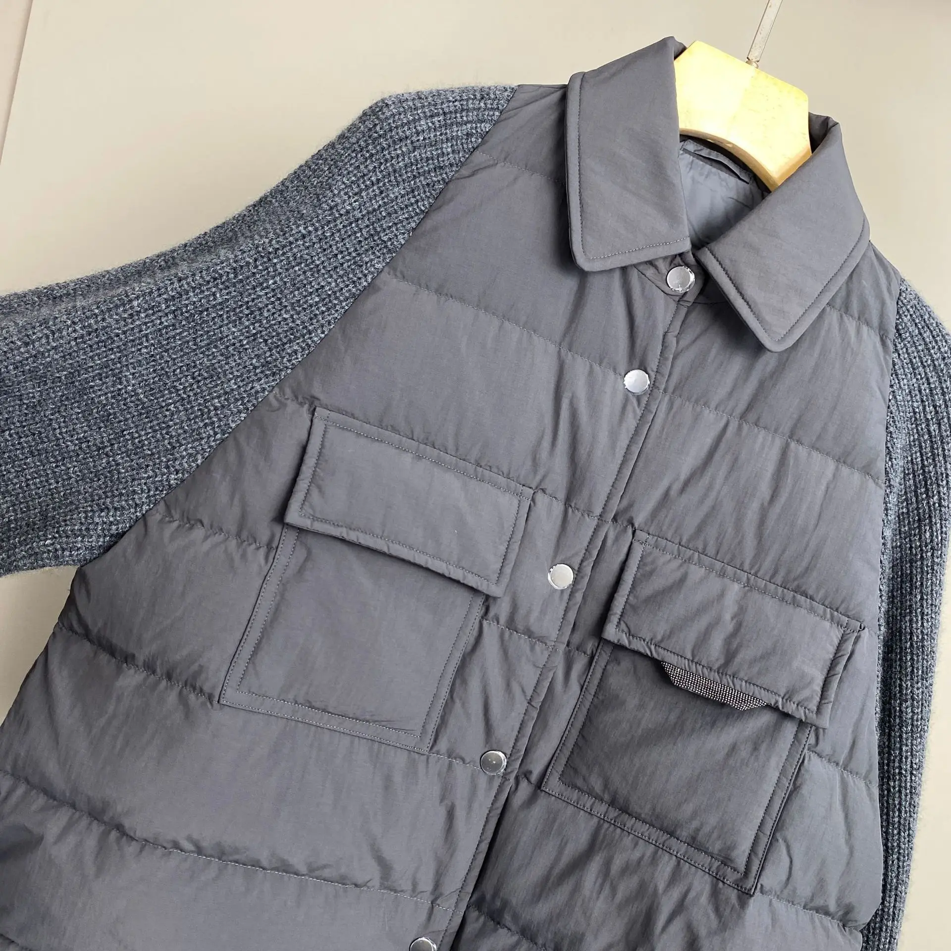 2025秋冬新作 ポケット付きビーズ装飾カシミヤ混紡グースダウン ラペルダウンジャケット おしゃれで多用途