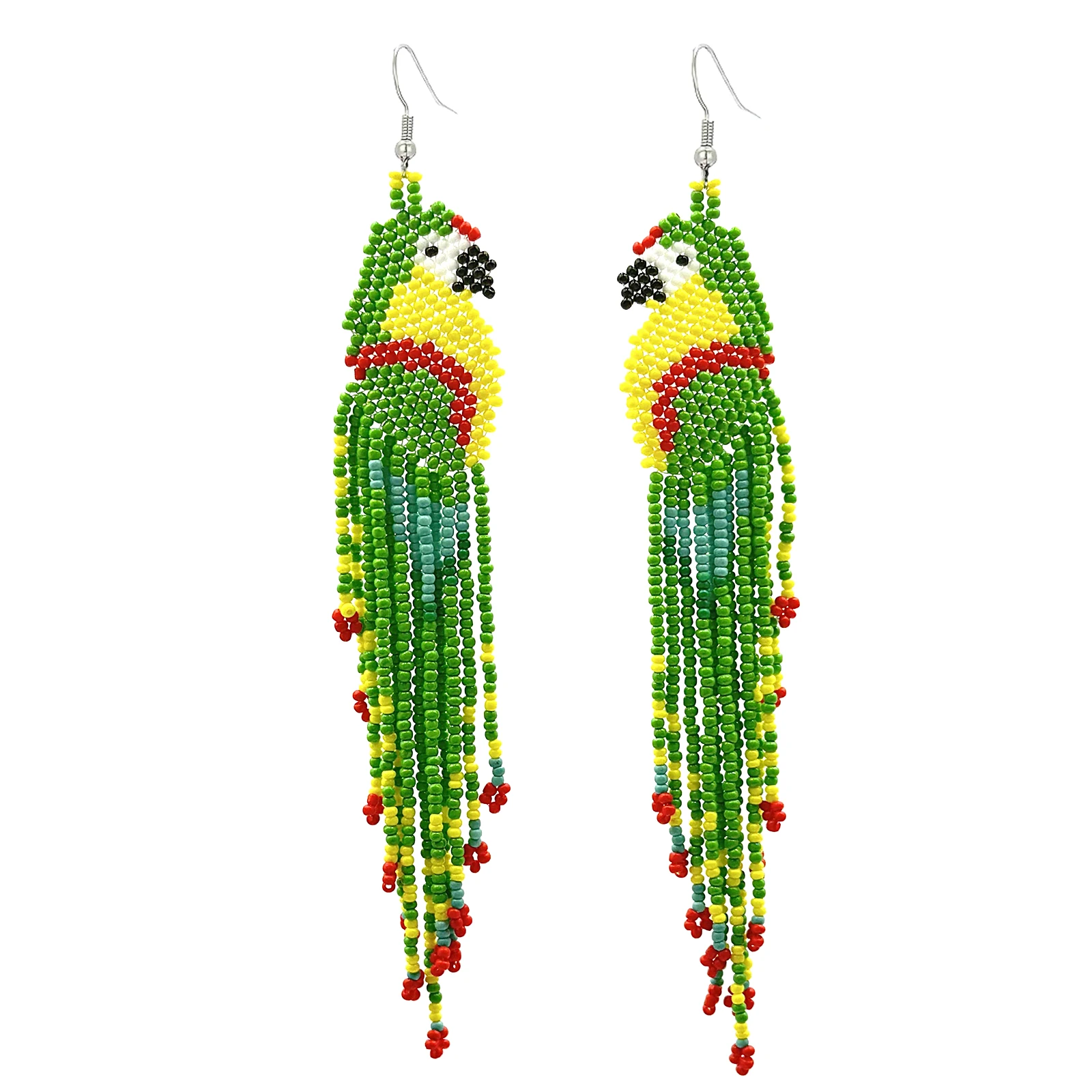 Glass Bead String Earrings with Parrot Design Bohemian Fringe Earrings Seed Bead Strings Women's Jewelry for Everyday Wear