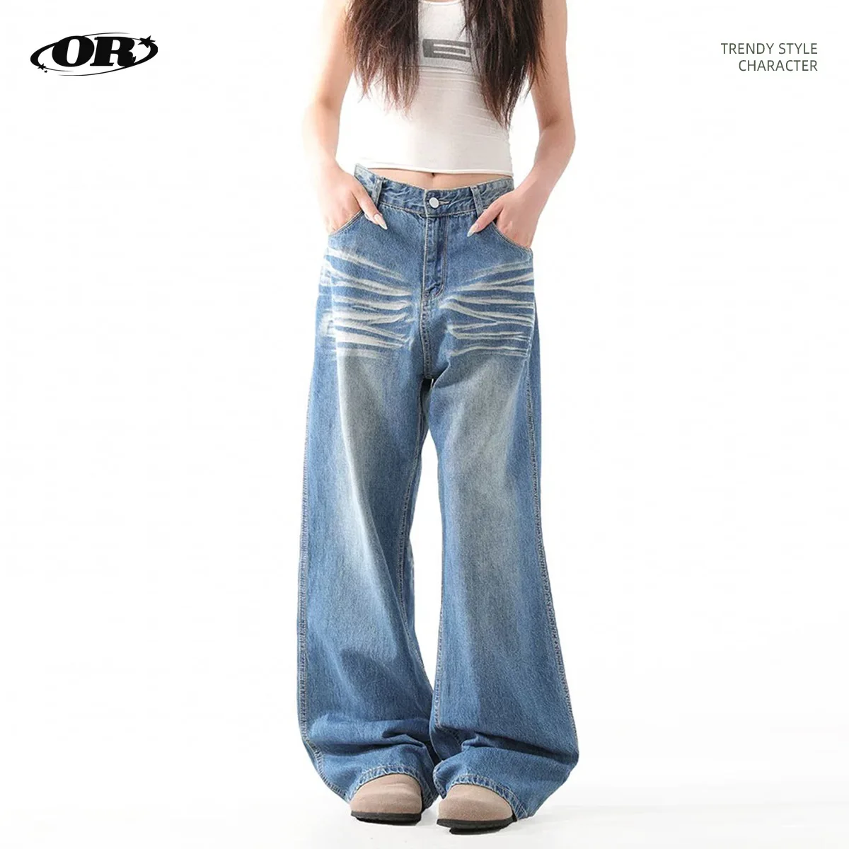 

OR FL Retro Cat Whiskers Crease Wash With Water 93 Cotton Women Jeans Trendy Brand Staraight Wide Leg High Street Trousers Y2k