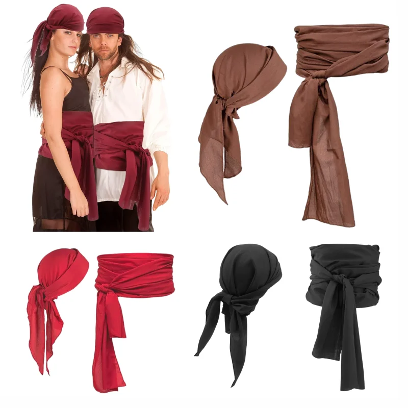Vintage Halloween Pirate Headscarf Belt Set Medieval Renaissance Solid Color Linen Buccaneer Cosplay Accessory For Adults Prop
