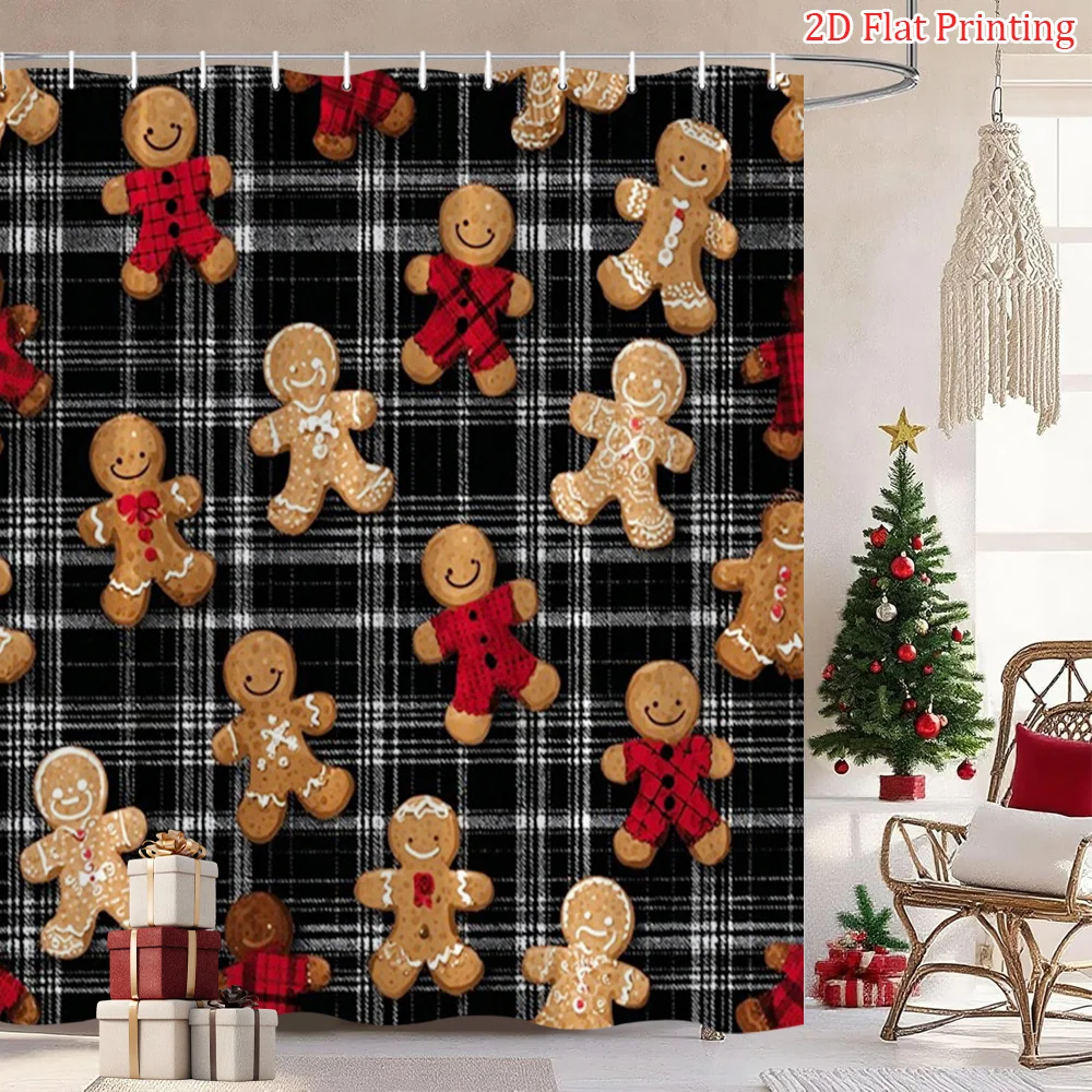 [2D Flat Printing] 1pc Christmas Gingerbread for Man 2D Flat Shower Curtain Festive Cookies Plaid Pattern Bath Curtain for Bathroom Decor 70.8x70.8 Inch with 12 Hooks, 2D Flat