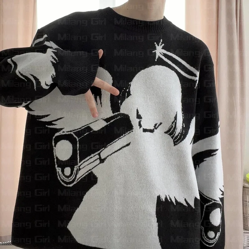 Y2K Unisex Pullovers Sweaters Angel raises gun Knitted Streetwear Maiden Oversized Harajuku O Neck Knitwear Men Women's Clothing