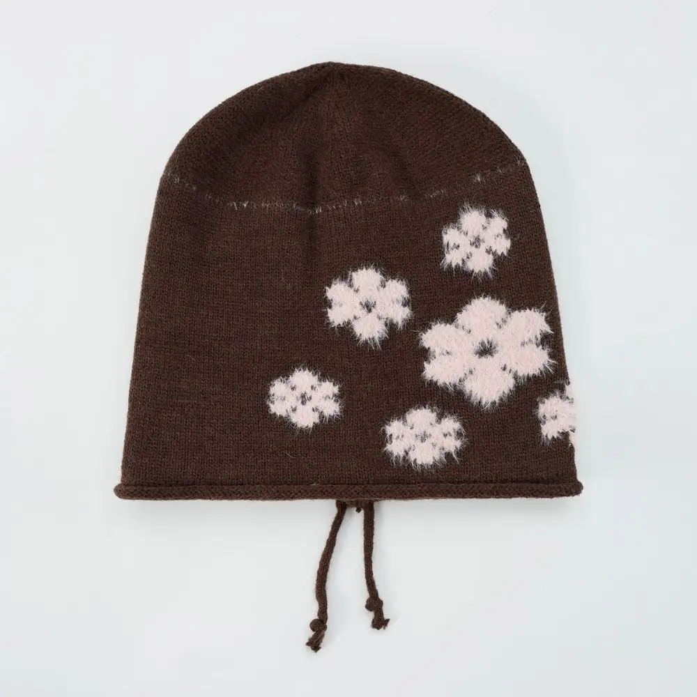 Floral Jacquard Knit Slouchy Beanie Hat Polyester Fits 56cm-58cm Warm Winter Beanie Warm Lined Adjustable Drawstring