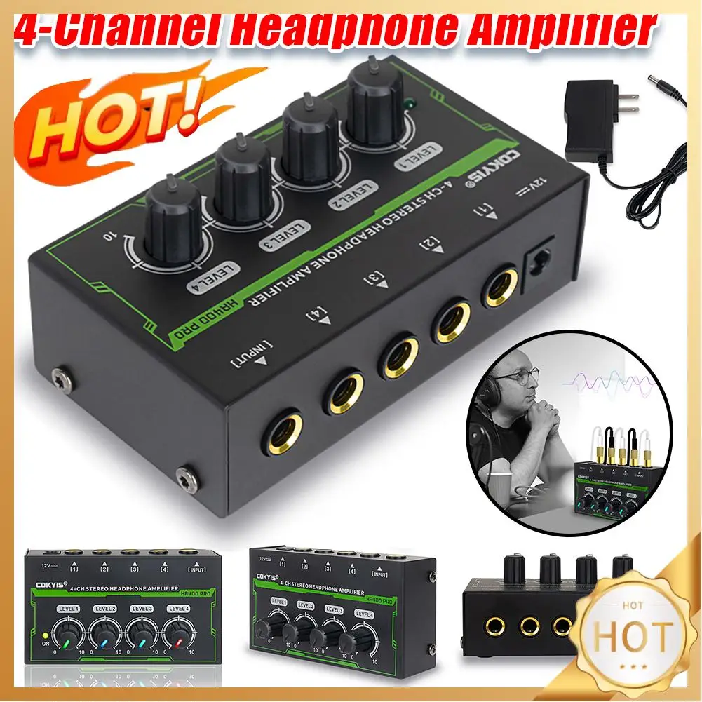 

4 Channels Mini Headphone Amplifier with Power Adapter Ultra-Compact Stereo Audio Amp Stereo Headphone Amplifier for Sound Mixer