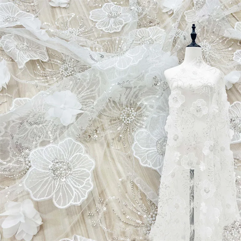 2Yards 130cm Wide Heavy-Duty 3D Floral Embroidered Tulle Fabric Beaded Lace Sequins for Wedding Dresses & Bridal Gowns F078