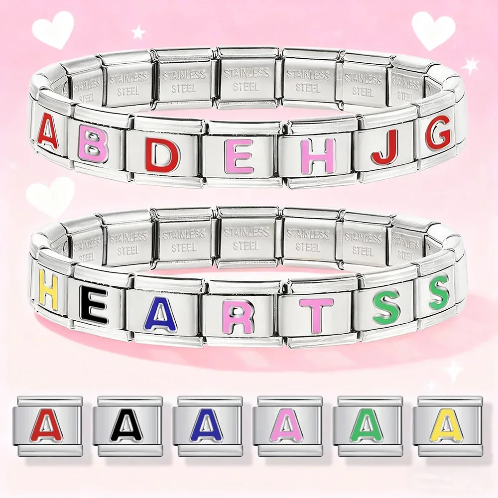 New 6colors A-Z letters Concave fit Italian Charm Module Titanium Steel Bracelets Oil Dripping DIY Elastic Splicing Accessories
