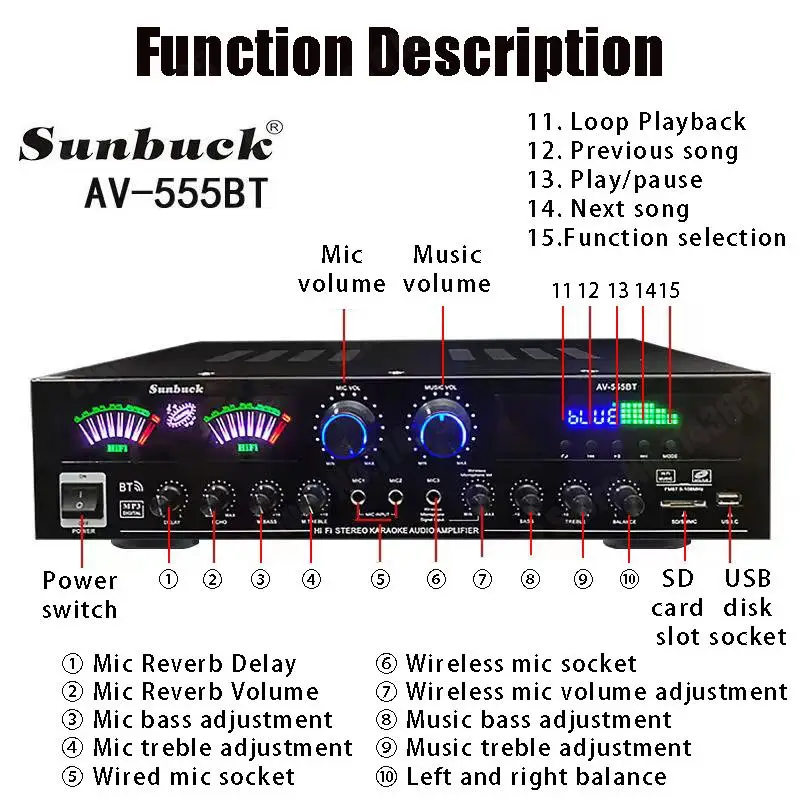 110/220V 555BT Dynamischer Bildschirm-Soundverstärker 298BT HiFi Stereo Digitaler Bluetooth-Verstärker für Zuhause, Auto, Karaoke, Theater, max. 2500W – Detail 5