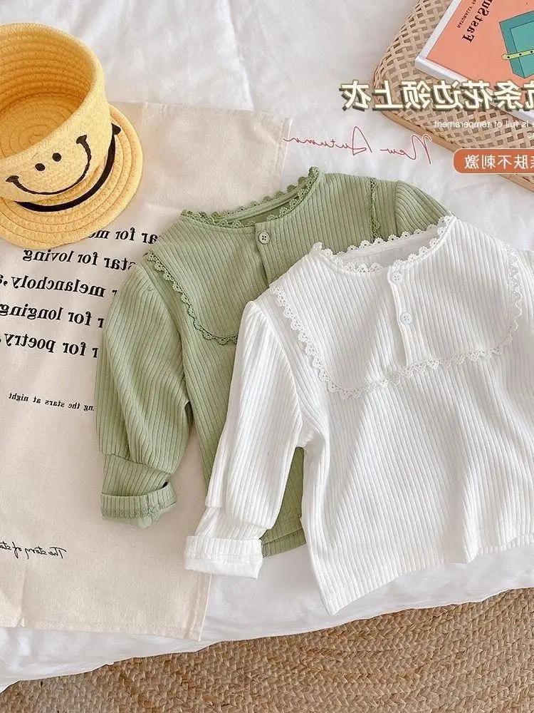 

Детская футболка с длинным рукавом и рюшами для девочек, весна 2026, новая модель, корейская версия, повседневная одежда для детей