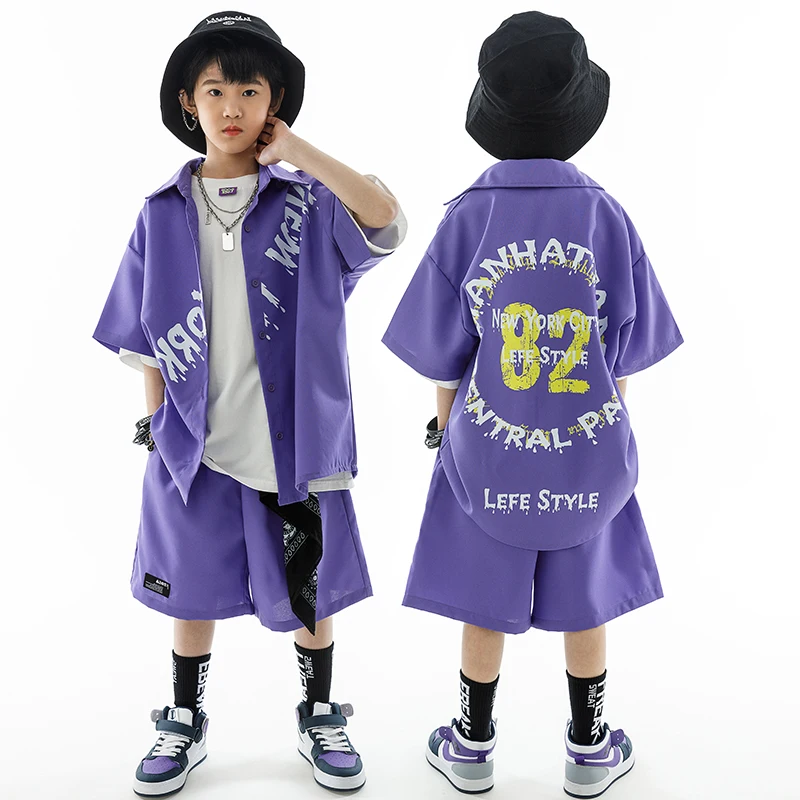 

New Jazz Modern Dance Rave Clothes For Kids Loose Purple Tops Shorts Streetwear Boys Girls Hip Hop Performance Costumes DN15324