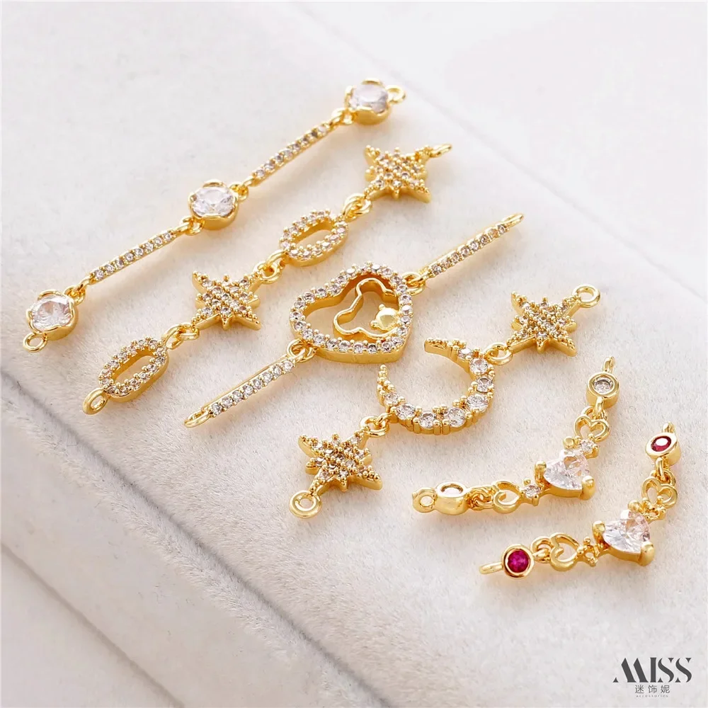 14K Bag Gold Inlaid Zircon Link Short URL Double Hanging Connector DIY Handmade Bracelet Necklace Ear Jewelry Accessories