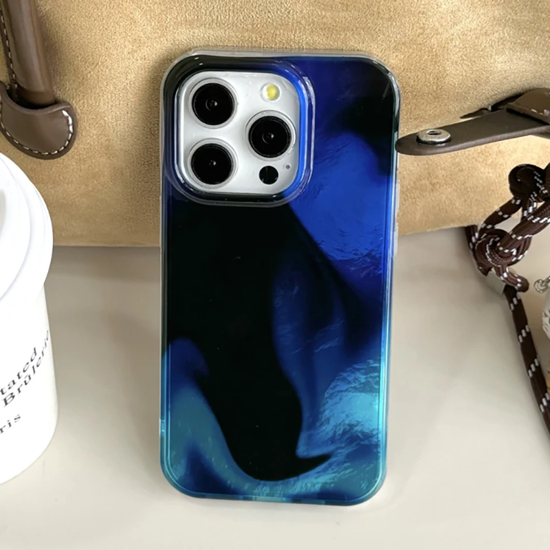 Fashionable Blue and Black Smudged Dyeing Case for IPhone 16 12 13 14 15 Pro Max Hard Silicone Anti-fall Back Cover