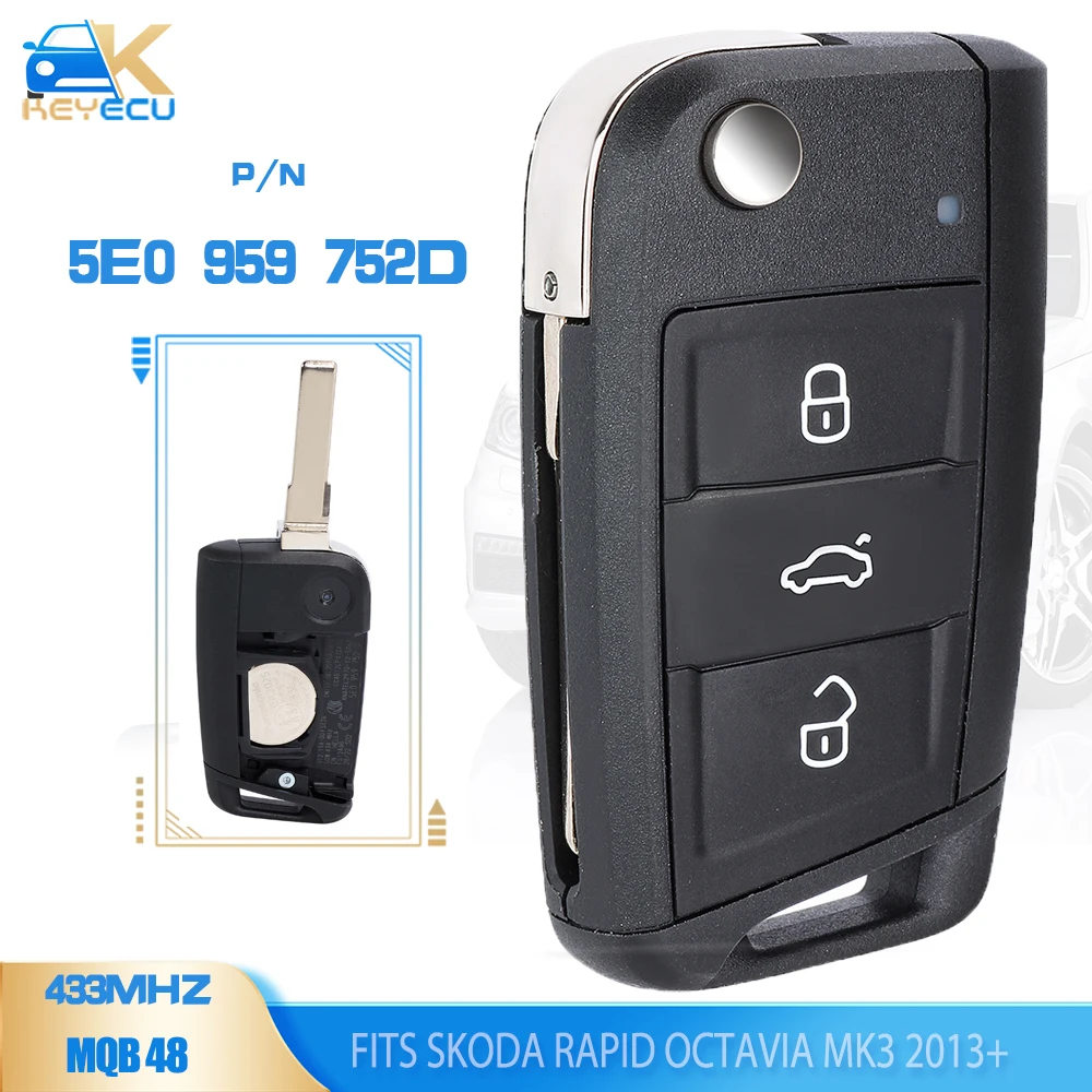 KEYECU 5E0 959 753 D / 5E0 959 752 434MHz MQB 48 3 Buttons Flip Remote Key Fob for Skoda Rapid Octavia MK3 2013+