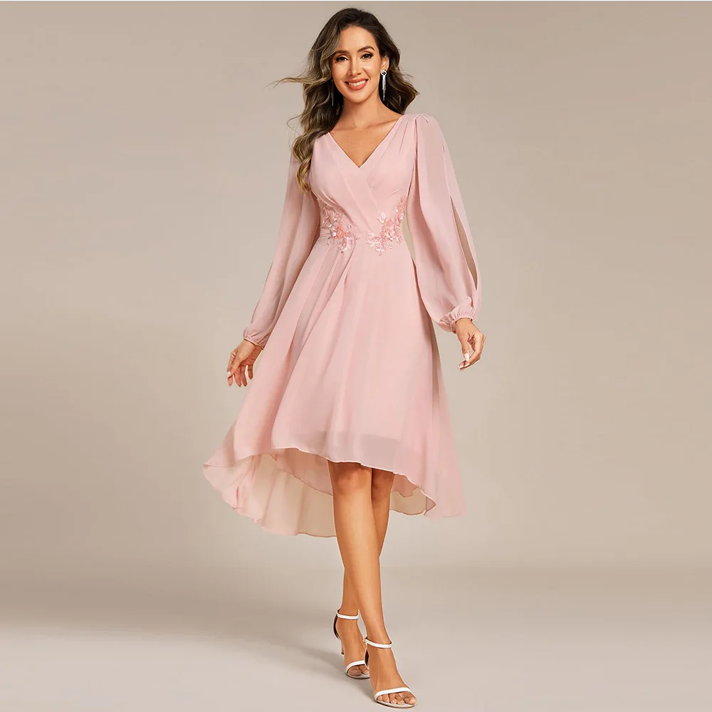 

Customized Mother of The Bride Dresses Women’s Chiffon Lantern Long Sleeves Pleated Appliqued Midi Length Semi Formal Dresses