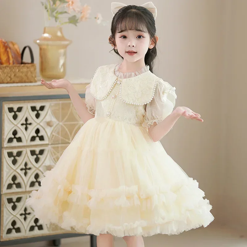 Vestido de fios macios infantil, vestido de princesa para menina, elegante, verão, 1 ° desempenho, novo