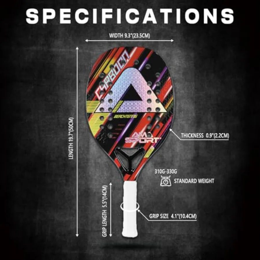 Beach Tennis Racket for Advanced Players, 3K Carbon Fiber with EVA Foam Core, Red, Lightweight and Stiff for Precision Control