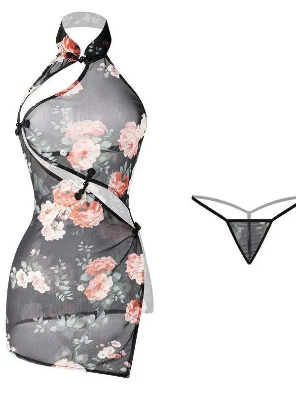 Nowa seksowna sukienka damska, seksowna, transparentna, elegancka sukienka Cheongsam, uniform, długa sukienka, dekolt typu halter, bez rękawów, czysta pożądanie, urocza OXON