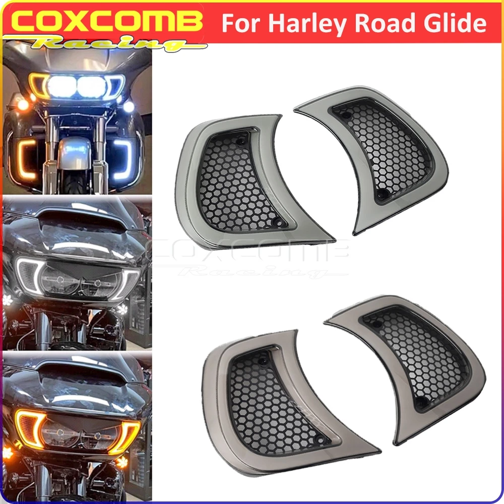 Motorcycle LED Headlight Vent Accent Trim Light Amber Turn Signal Lamp For Harley Road Glide FLTR Ultra FLTRU FLTRX FLTRXS 2015+