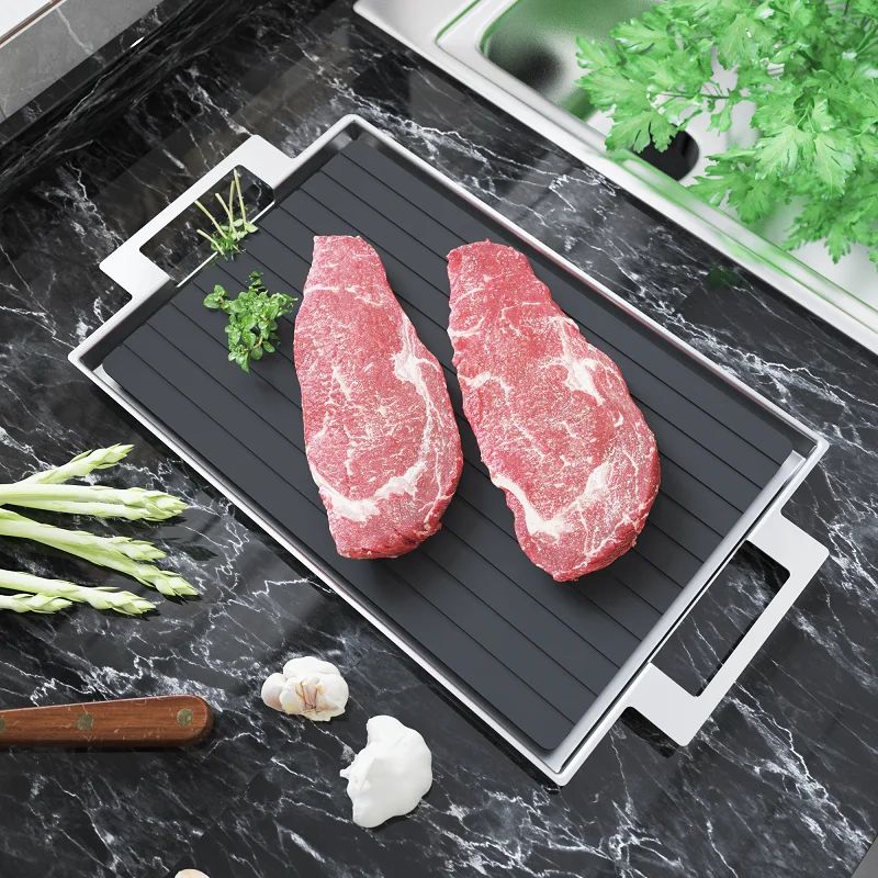 

Defrosting Tray for Frozen Meat Rapid Dishwasher Safe Aluminium Thawing Plate with Stainless Steel Drip Tray
