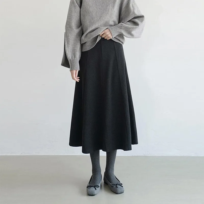 

Patchwork Fleece-lined Midi Skirt 2025 Solid Color Elastic Waist Mid-length Versatile Skirt
