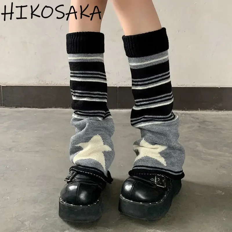 Chaussettes gothiques japonaises Y2k à rayures noires et grises, chaussettes étoiles, automne, hiver, mode chaude, punk, décontracté, tricot, pys, manches au genou, accessoires