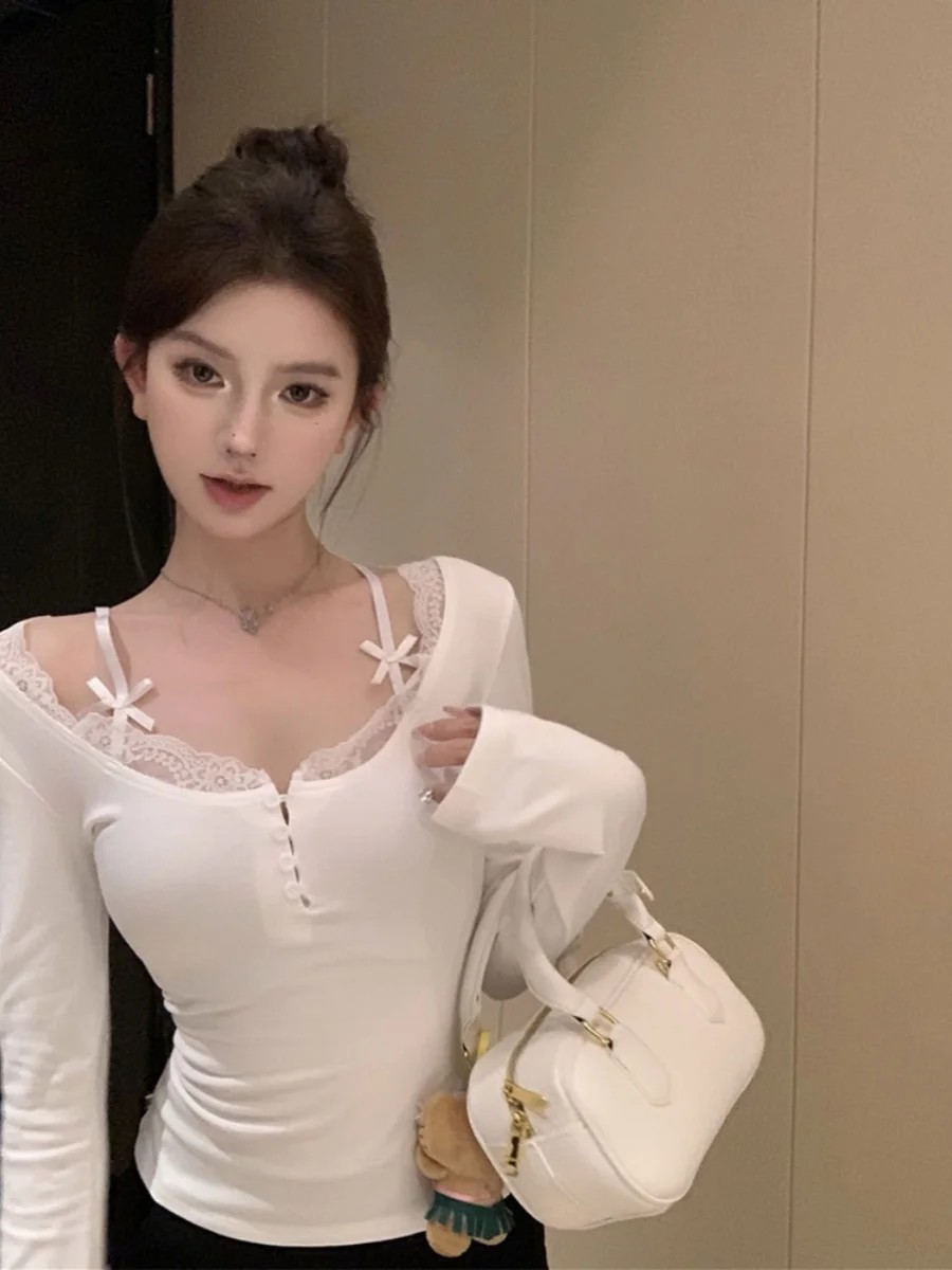 Modale Lace Trim Mock Two-Piece Long Sleeve Slim Fit Women's Base Shirt Spring Autumn Trendy round Neck Button Detail Short L...