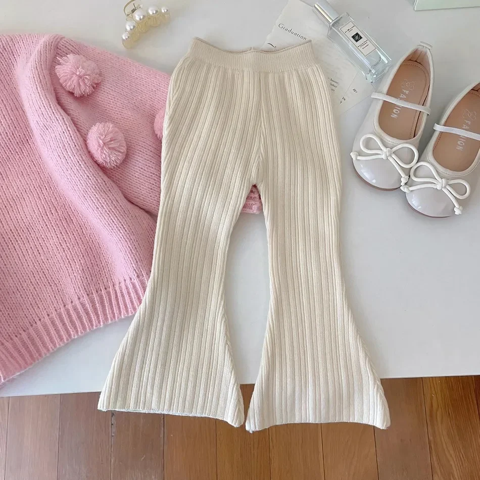 Girl Pants Autumn New 2024 Solid Knitted Bell Bottom Pants Skinny Casual Simple Fashion Sweet Korean Active Vintage Comfort Cute