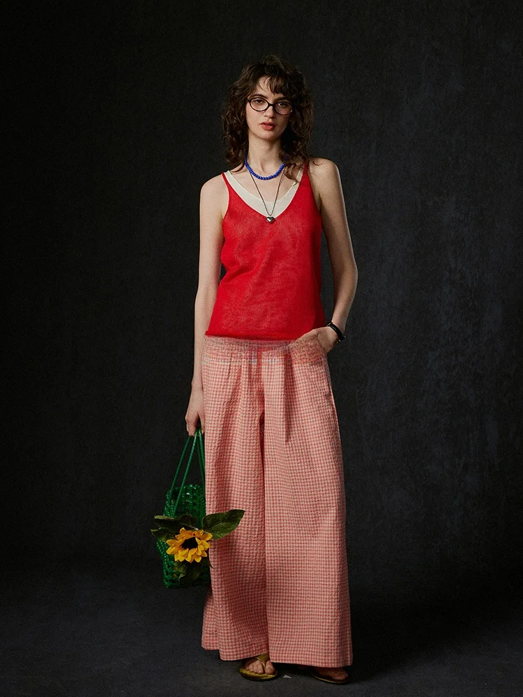 

Red Silk Linen Fake Two-Piece Vest Women's Summer New Vintage White Enhancing Strap Top Comfortable Breathable Casual Wear