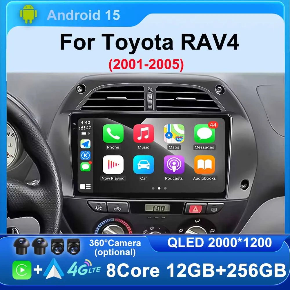 Android 15 for Toyota RAV4 2001 - 2005 Wireless CarPlay Car Radio Video Audio Multimedi Player Auto BT WIFI 4G 2K QLED No 2 Din