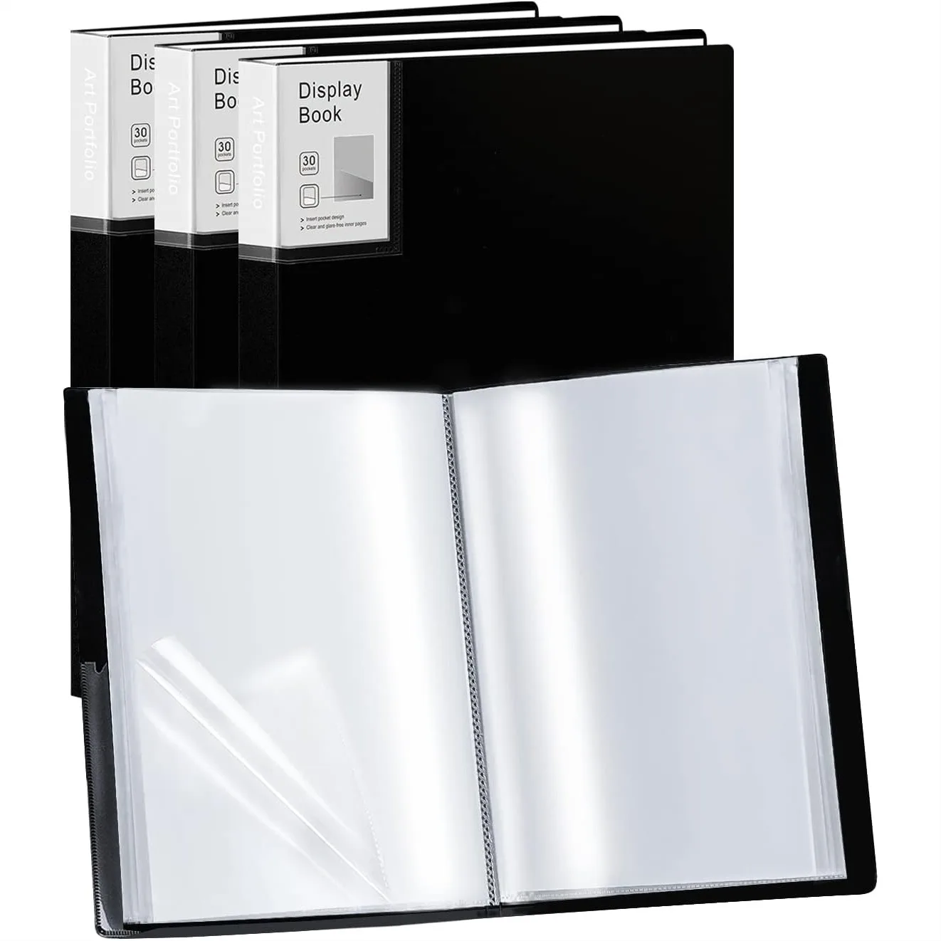 

Portfolio Folder with 30 Plastic Sleeves 9x12 Black Display Book for Artwork 60 Pages Capacity