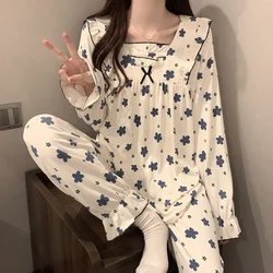 Pajamas Women Spring Autumn Wrinkled Pure Cotton Long sleeve 2023 New Summer Stripe Sweet Princess Set Home Wear