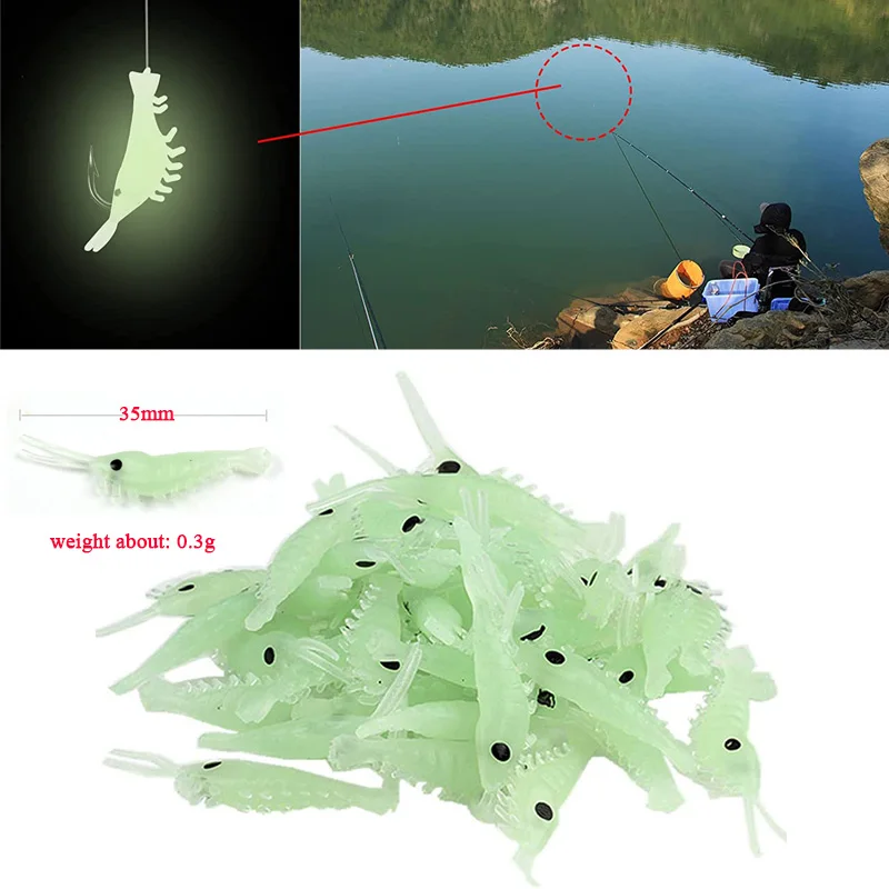 50Pcs Luminous Shrimp Fishing Bait Soft Lure Worms Glow Shrimps Fishing Lures for Bass Crappie Fishing Lures 3.5cm