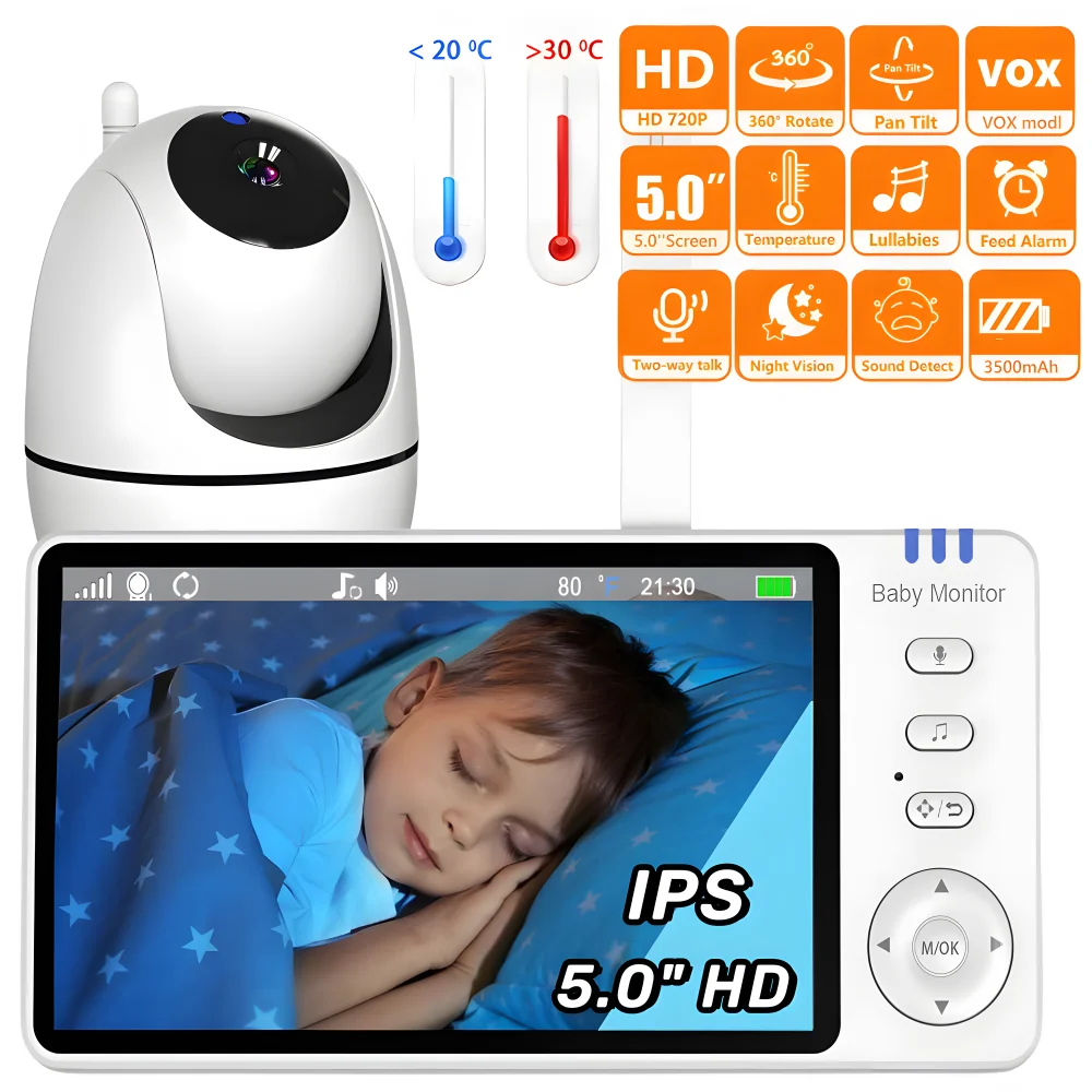 5 Inch Video Electronic Baby Monitor with Pan-Tilt-Zoom Camera Night Vision Cry babies 2.4G Portable monitor Baby newborn things