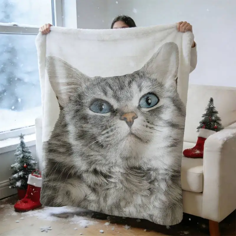 

Плед с портретом голубоглазой кошки, мягкий уютный фланелевый плед для дивана, кровати, подарок для любителей кошек и на Рождество