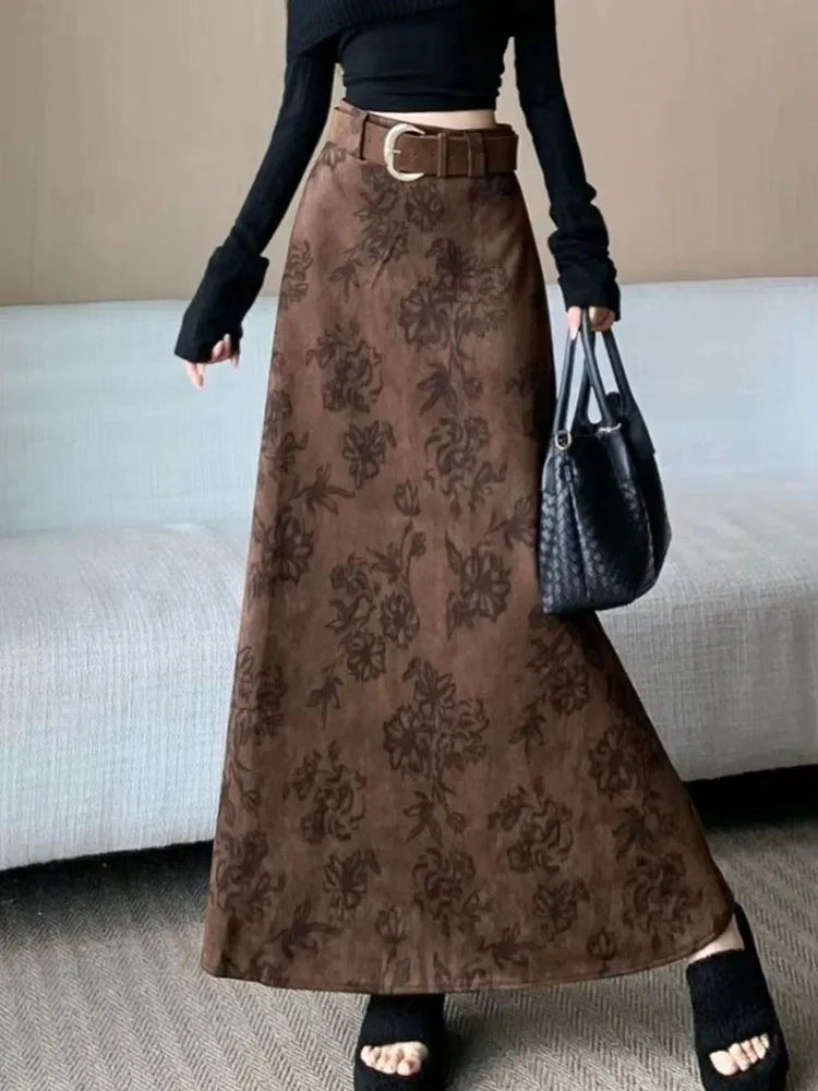 Fashion Vintage Long Skirts High Waist Print Belt Female Slim Elegant Skirt Spring Autumn New All Match Women's Clothing
