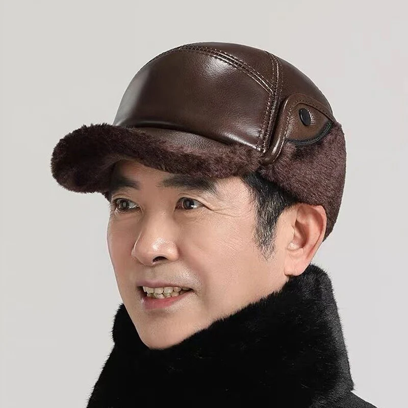 2024 Winter Men\'s Hat Thicken Leather Cowskin Baseball Caps Bomber Hats With Ears Warm Dad\'s Hats Sombrero De Cuero Del Hombre