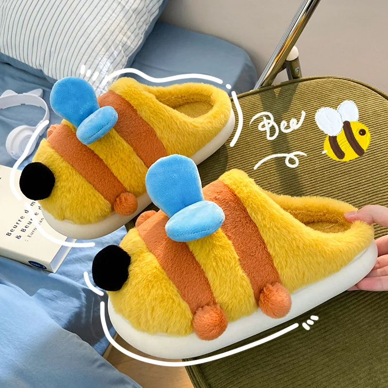 

Cotton Slippers 2024 New Cartoon Bee Women Winter Home Indoor Warm Plush Cute Cartoon Platform Cotton Shoes