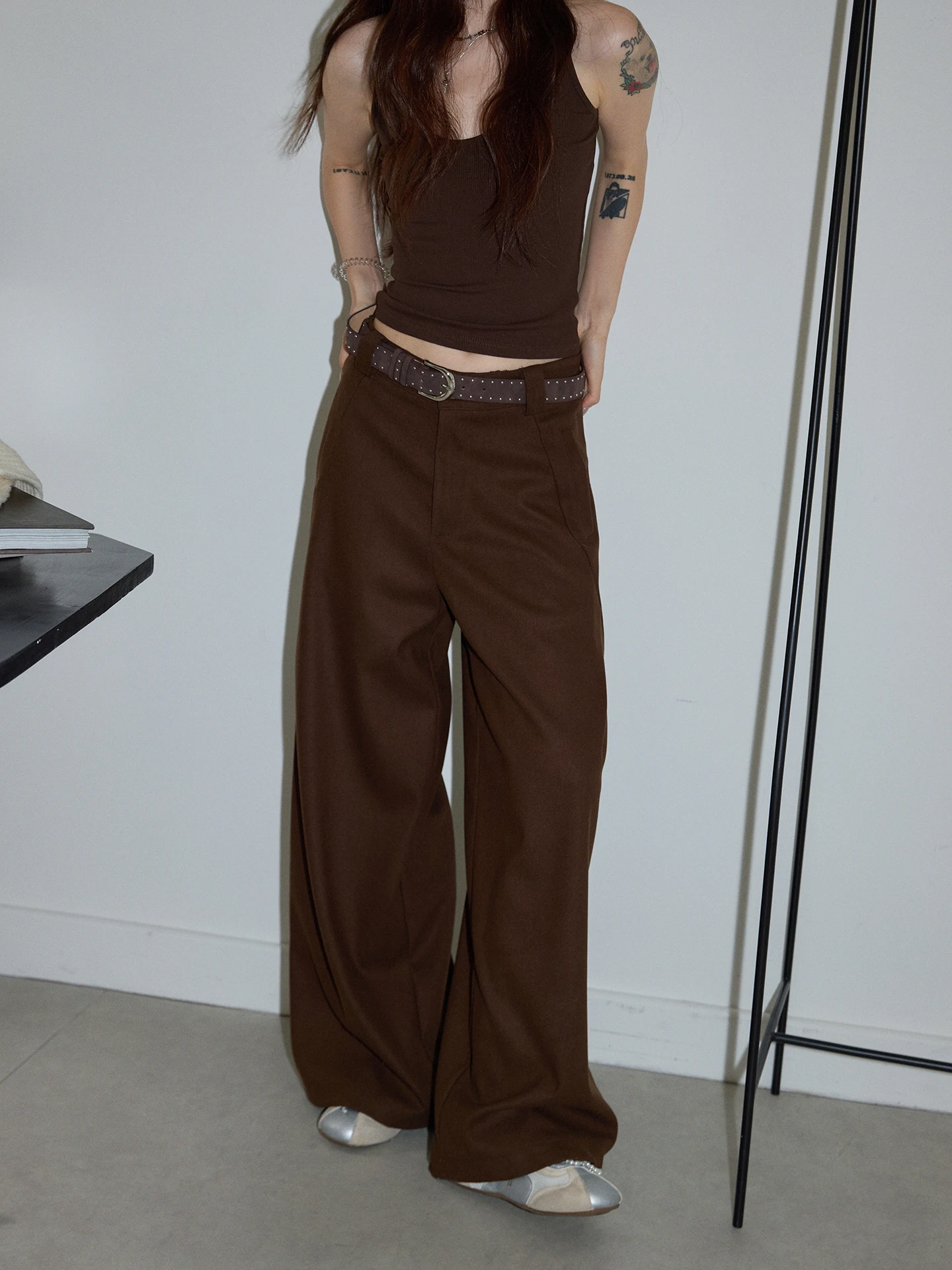 

High Waist Wide Leg Suit Pants Women's Casual Trousers Coffee Color American Retro Sle Loose Fit Straight Cut Pants