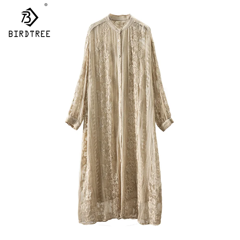 

Birdtree-Embroidered Dress for Women, 100% Mulberry Silk, Chinese Fashion, ONeck, Wrist Sleeve, Long Dresses, Fall New, D49224QM