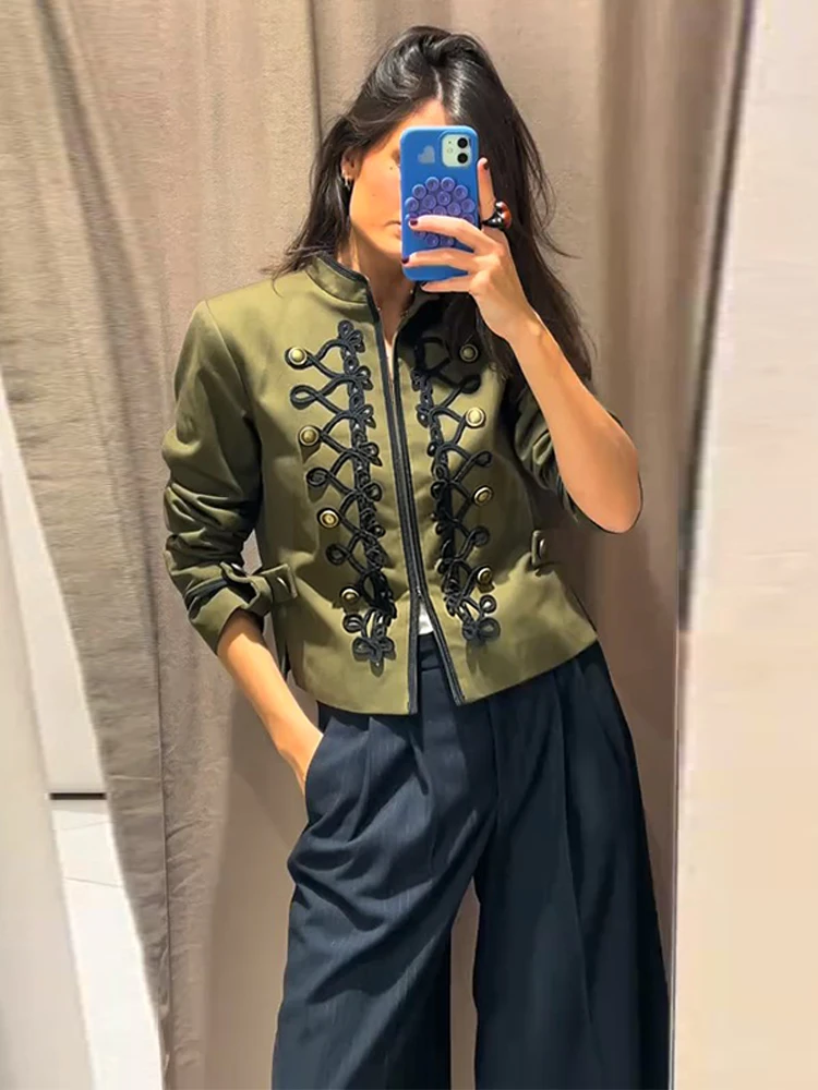 Elegant Women's Green Napoleon Jacket Fashion Stand Collar Button Full Sleeve Slim Short Coat 2026 Autumn Lady Street Outwears
