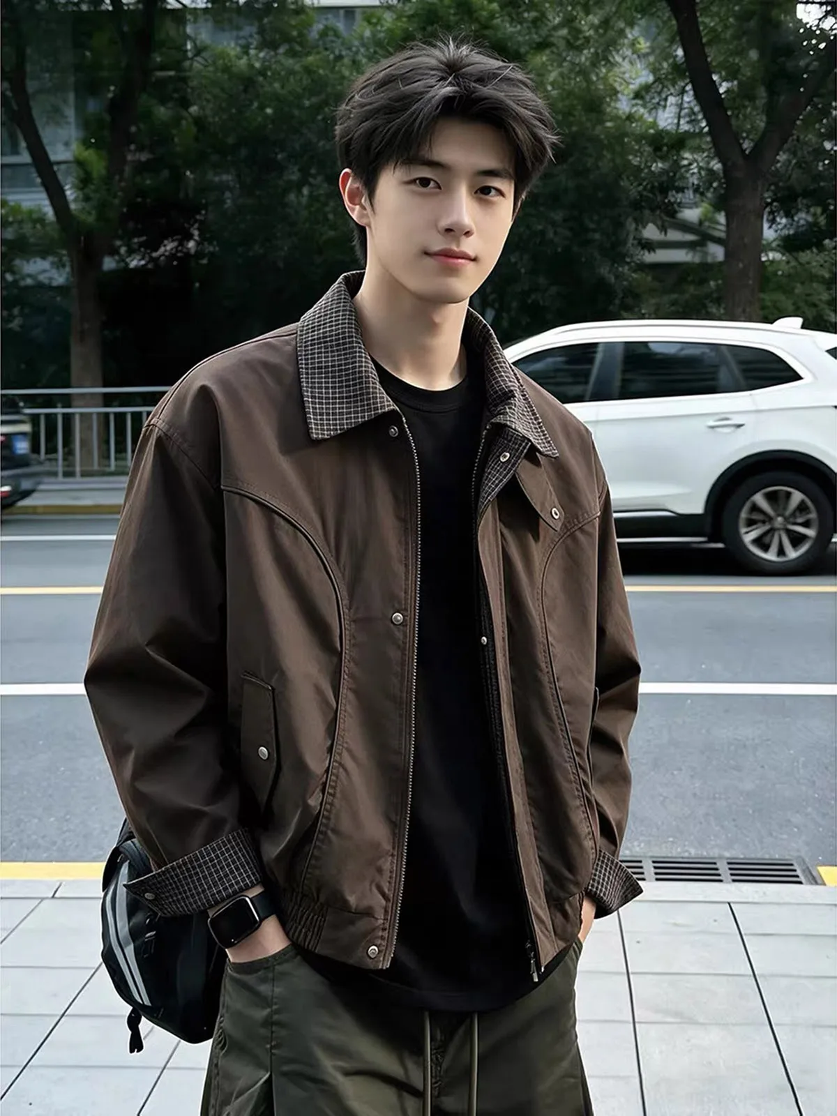 Vintage Deconstructed Baseball Style Jacket Men's Fashion Short Collar Workwear Windbreaker Loose Fit Youthful Autumn Outerwear