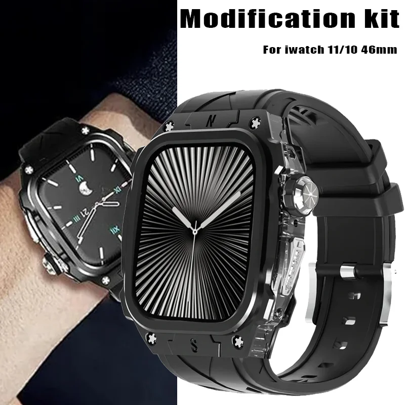 

Роскошный металлический чехол для Apple Watch 10, 46 мм, ремешок с крышкой, прочный силиконовый ремешок для мужчин, полный защитный чехол