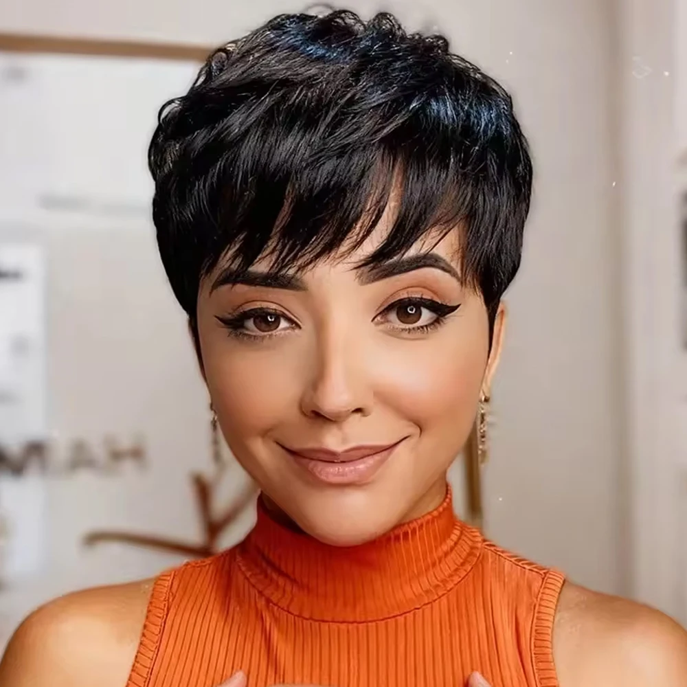 

6-дюймовый короткий парик с прямой стрижкой пикси из бразильских человеческих волос, полностью машинной работы, для повседневного ношения.