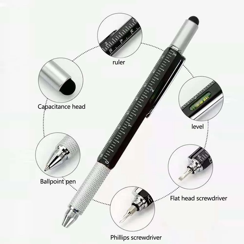 6in1 Multi-function Tool PenLevel Scale Metal Ballpoint Measure Technical Ruler Screwdriver Woodworking Hand Tools