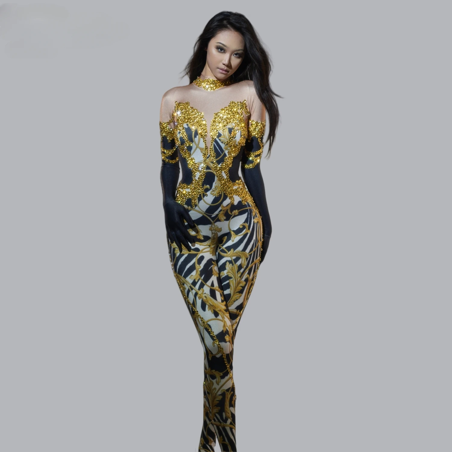 

Gold Rhinestone Sexy Jumpsuit with Gloves Attending Party Dance Sparkling Costumes Game Wear Stage Dance Floor Sexy Hot Dance