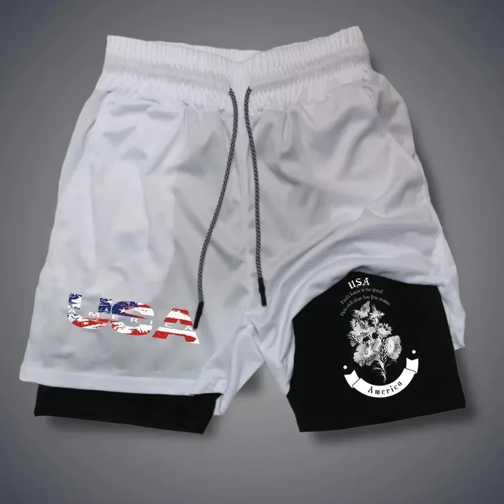 2025 الإبداعية الكتابة على الجدران الطباعة الرجال رياضة اللياقة البدنية الرياضة مزدوجة تنفس السراويل موضة عادية 2 في 1 السراويل خط M-3X