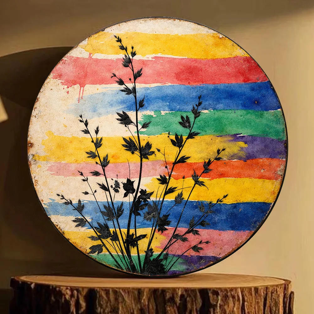 CIFBUY 2D Flat Abstract Plant Silhouette Round Metal Sign Waterproof Durable Aluminum Wall Art Decor for Room Dining Bar Door Ga