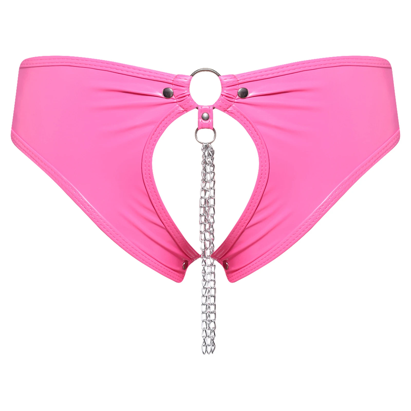 

Tempting Women Wet Look PU Open Crotch Panties Briefs Low Rise Front Metal Chain Tassel Hollow Out Mini Hot Pants Underwear