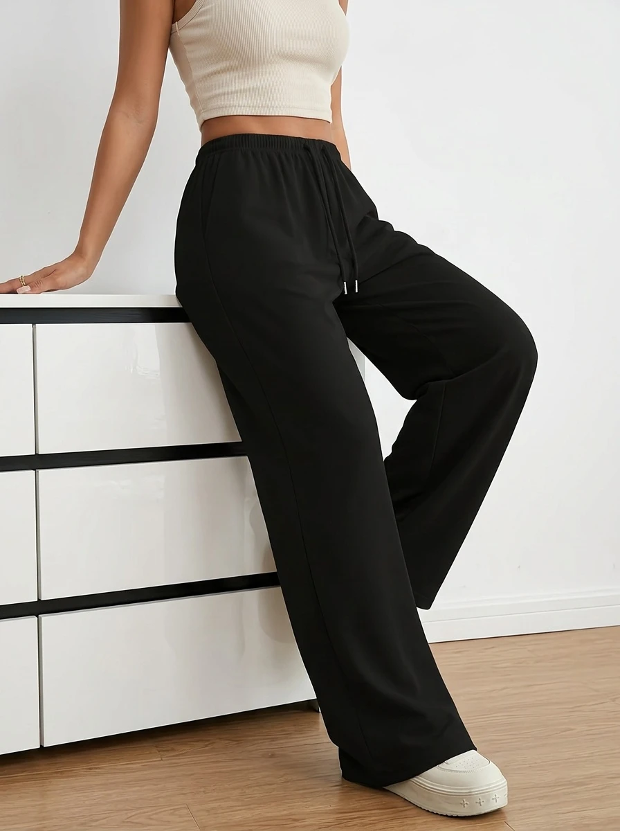 Summer Casual Solid Color Drawstring Waist Wide-Leg Pants, Suitable for Casual Daily Wear and Vacation