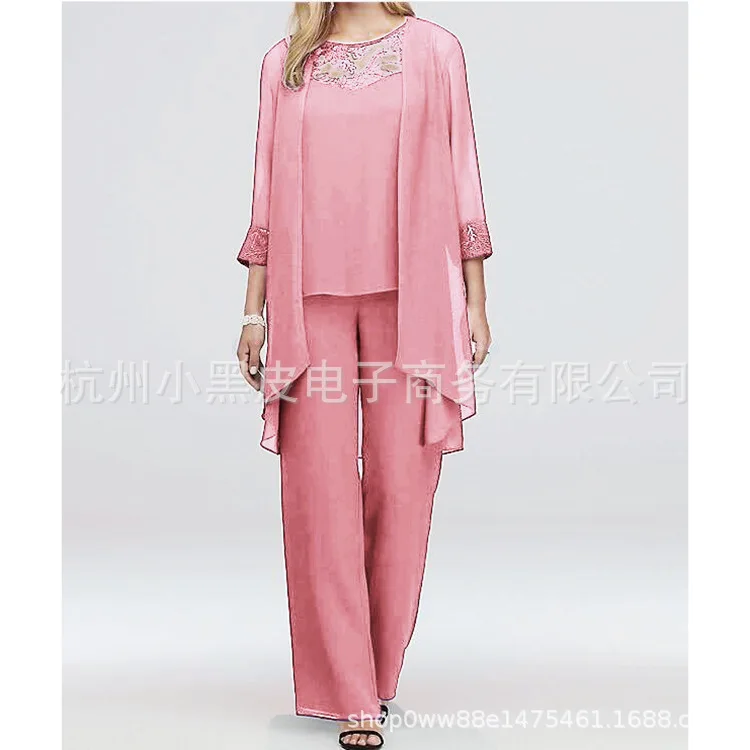 2025 Large Size Lace Chiffon Top Pants Cape Three-piece Elegant Party Set Cardigan Europe and America